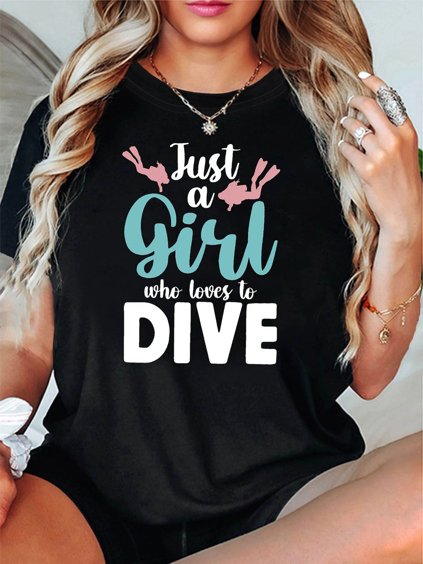 Women Just A Who Loves To Dive Theme T Shirt Casual Short Sleeve Diver Silhouette Slogan Decor Energetic Hobby Diver Island Top