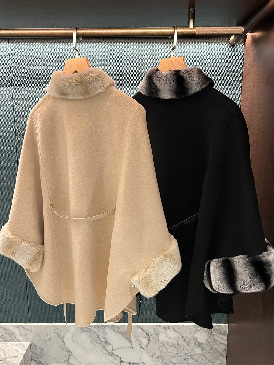 معطف فرو متوسط الطول بياقة وأصفاد من فرو المنك مزدوج الوجه ومزيج من الصوف للنساء #4