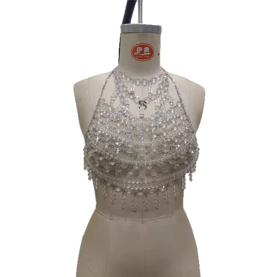 New European-American Style Transparent Teardrop Fringe Body Chain Party Sexy Rhinestone And Pearl Mix-And-Match Bra Chain