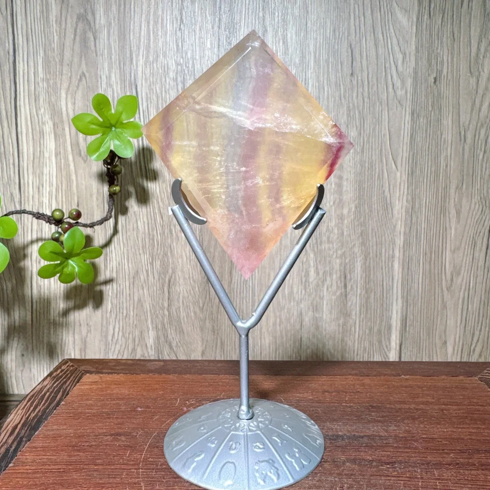 Natural Rainbow Suger Fluorite Green Fluorite Rhombus Shaped Ornaments Magic Mirror Diamond Crystal Handcraft Ornaments +Stand view 5