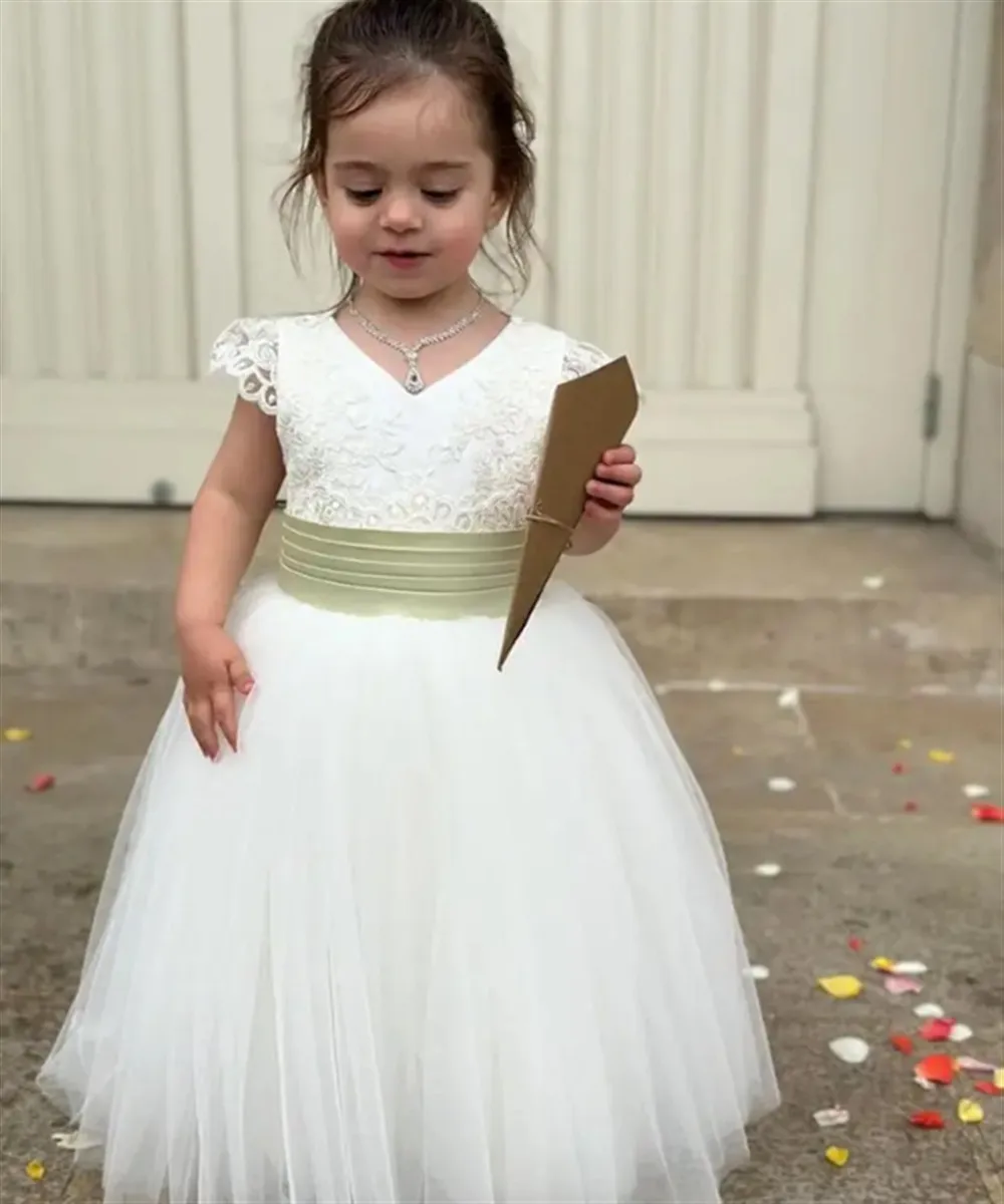 

Elegant Flower Girl Wedding Dress Appliques Lace Bow Belt Princess Birthday Party Dress Kids First Communion Gown Customized