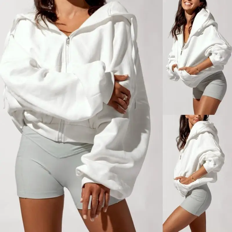 

31BF Женская повседневная флисовая толстовка на молнии с капюшоном, однотонная свободная толстовка, куртка с длинными рукавами