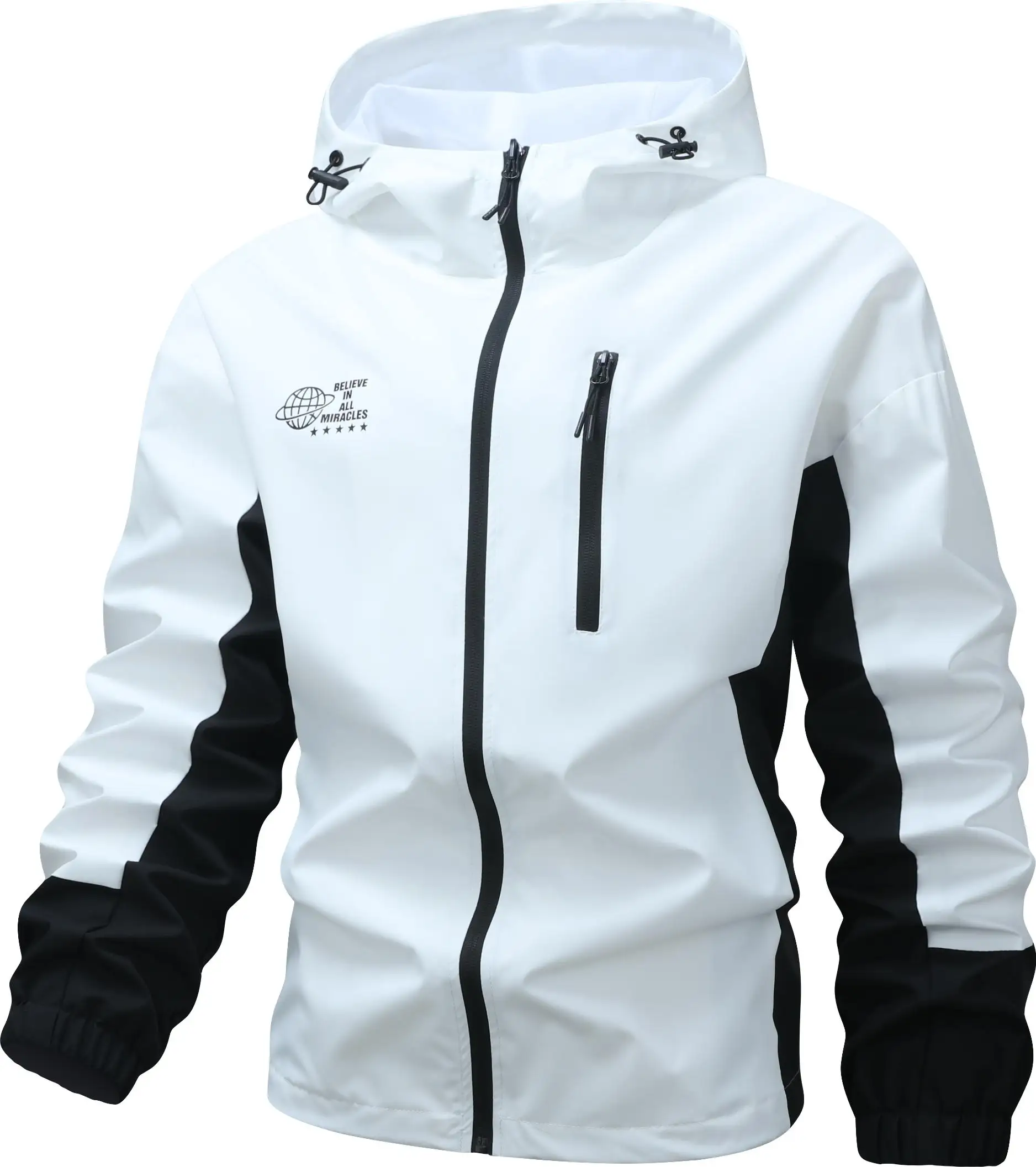 New Men Color Block Hooded Jacket, Zipper Placket With Side Zipper Pockets, Drawstring Hood Design, Windproof Fabric, Loose Fit, Versatile Coat For Outdoor And Commute