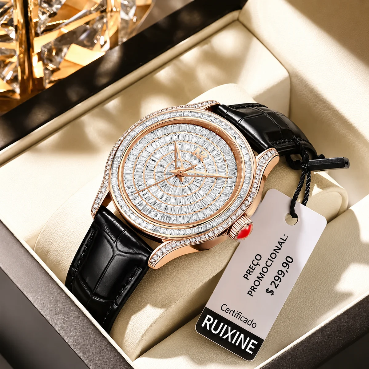 RUIXINE Luxury Women Quartz Watch Full Diamond Paved Dial Leather Strap Elegant Ladies Dress Wristwatch for Party Daily Gift