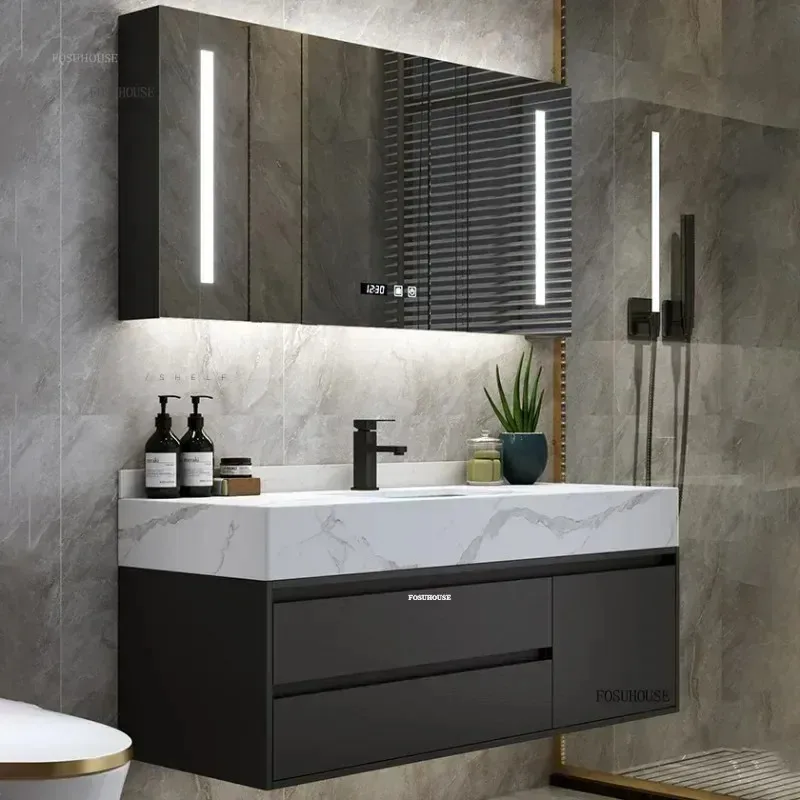 

Luxury Bathroom Washbasin Smart Lighting Defogger Mirror Cabinets Modern Slate Integrated Bathroom Cabinet with Drawer