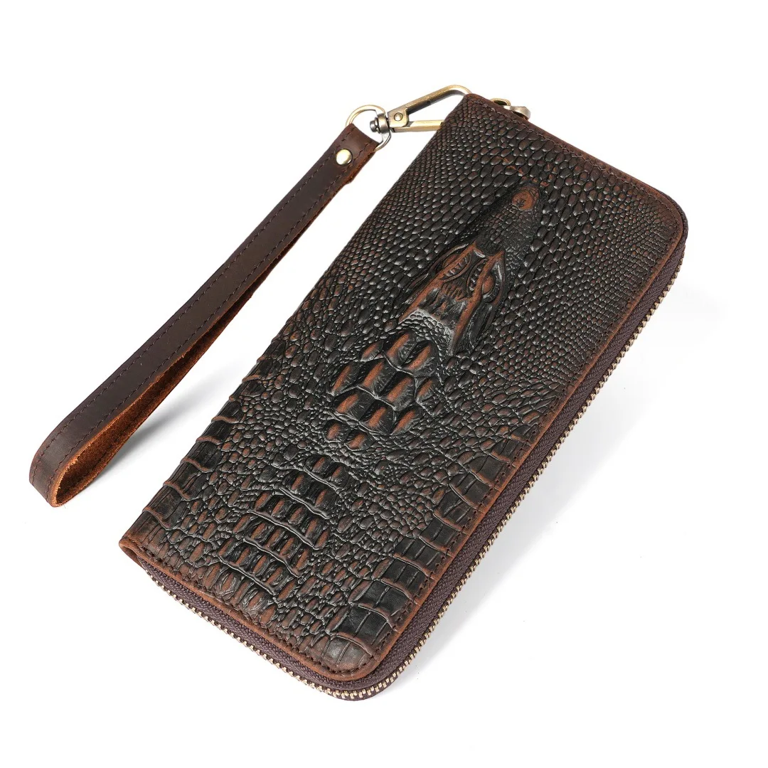 Men's Crazy Horse Leather Wallet, Vintage Embossed Long Wallet with Zipper, Multi-Card Slot Phone Purse, RFID Blocking Billfold