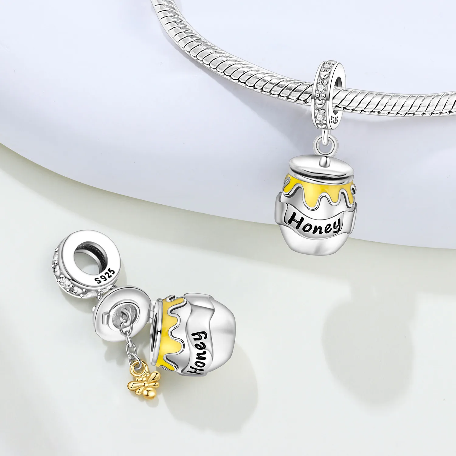 PANPOKI 925 Sterling Silver Honey Jar Bee Insect Charms Beads Pendant Fit DIY Bracelet Necklace Jewelry Souvenir Gifts
