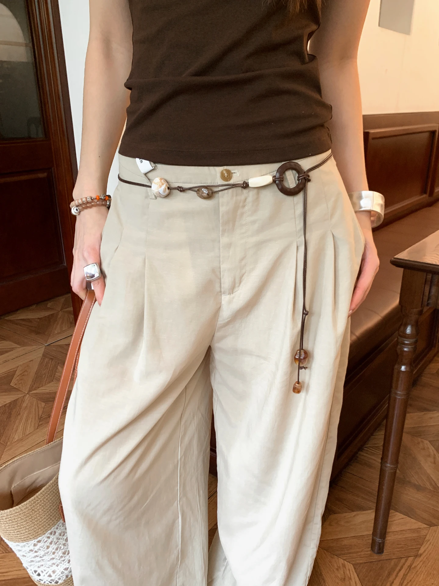 Bohemian Style Handmade Beaded Wooden Round Buckle Waist Rope Women's High-End Decorative Waist Chain Matching Jeans With Belt