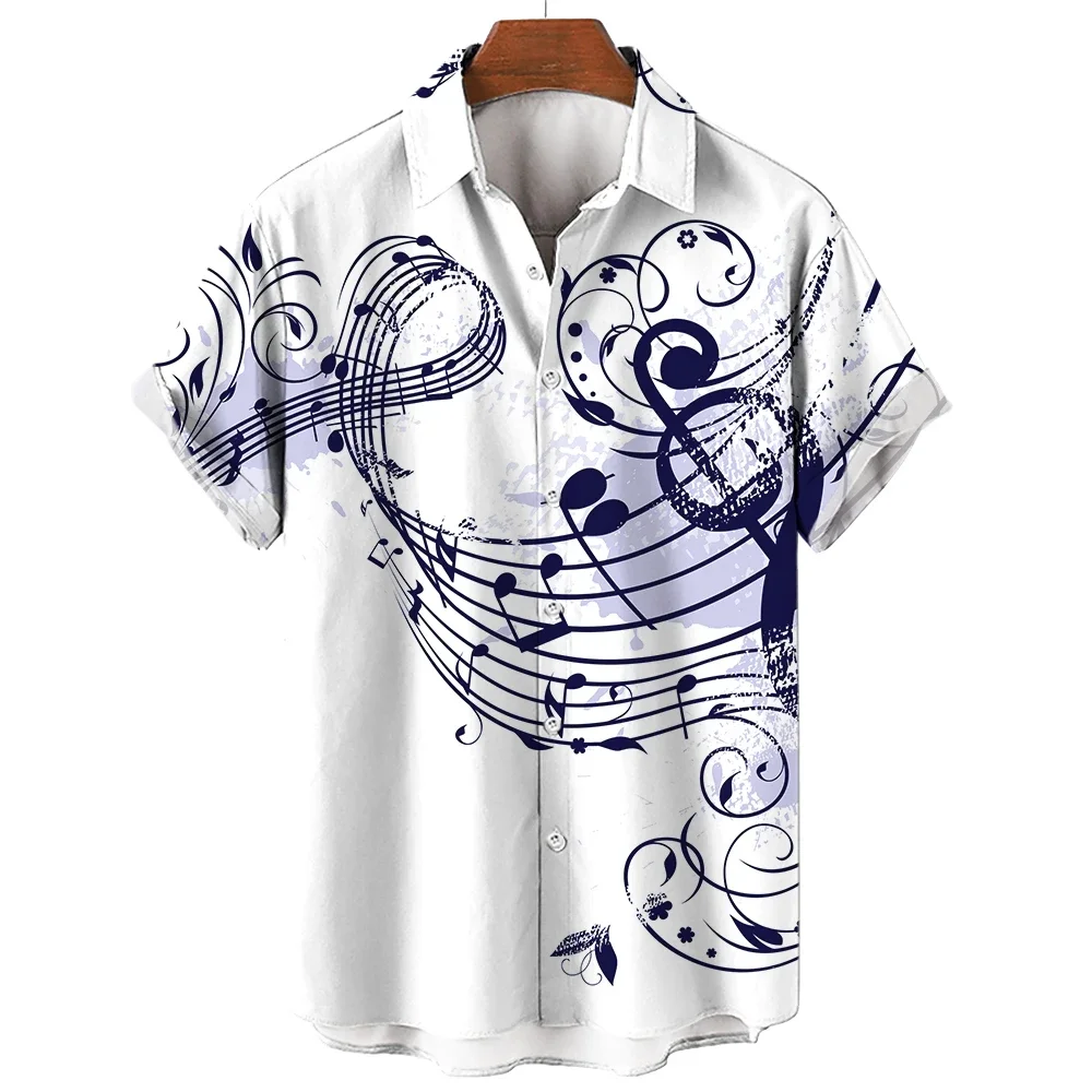 New Men\'s Shirt 2024 Summer Fashion Hawaiian Shirt Short Sleeve Lapel Top Music Symbol Pattern Print Shirt Oversized Man Clothes