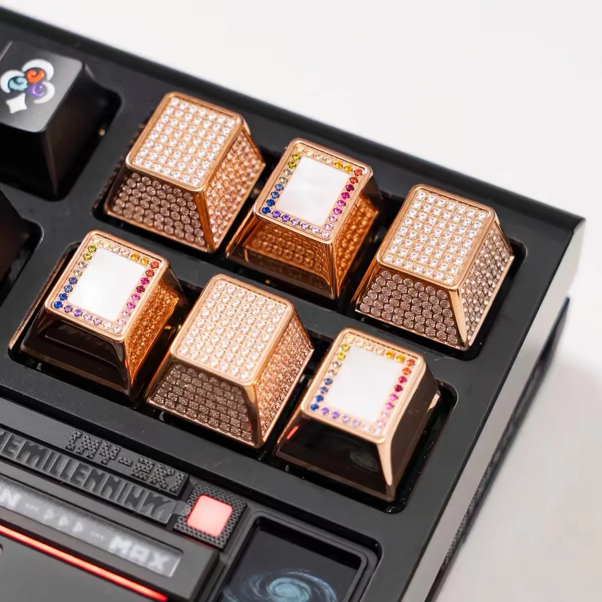 BLACKeys Titanium alloy keycaps with gemstones, featuring pearl mother-of-pearl design