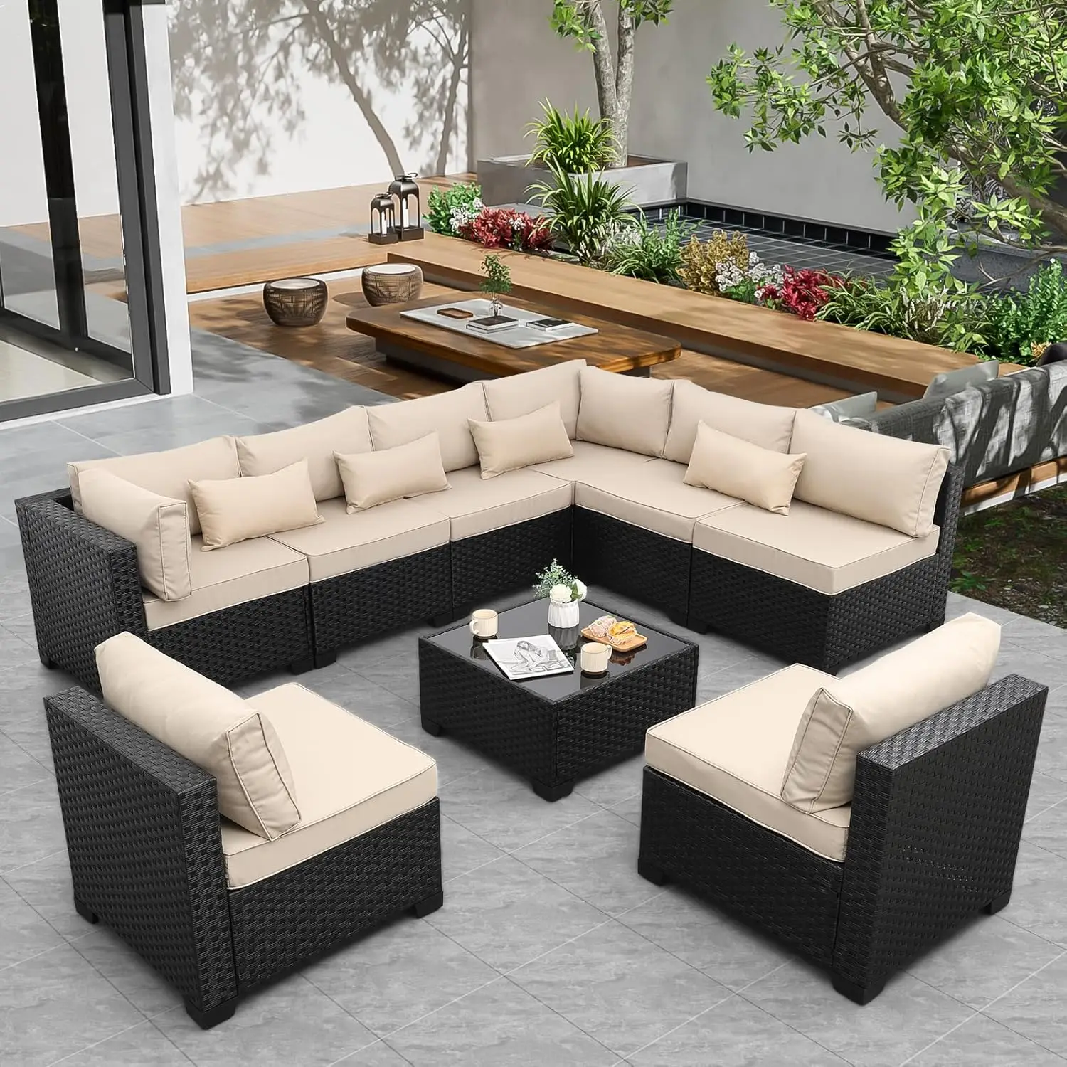 9 Pieces Outdoor Sectional All-Weather Wicker Patio Furniture Set Patio Sectional Glass Patio Table Non-Slip Cushions, Custom