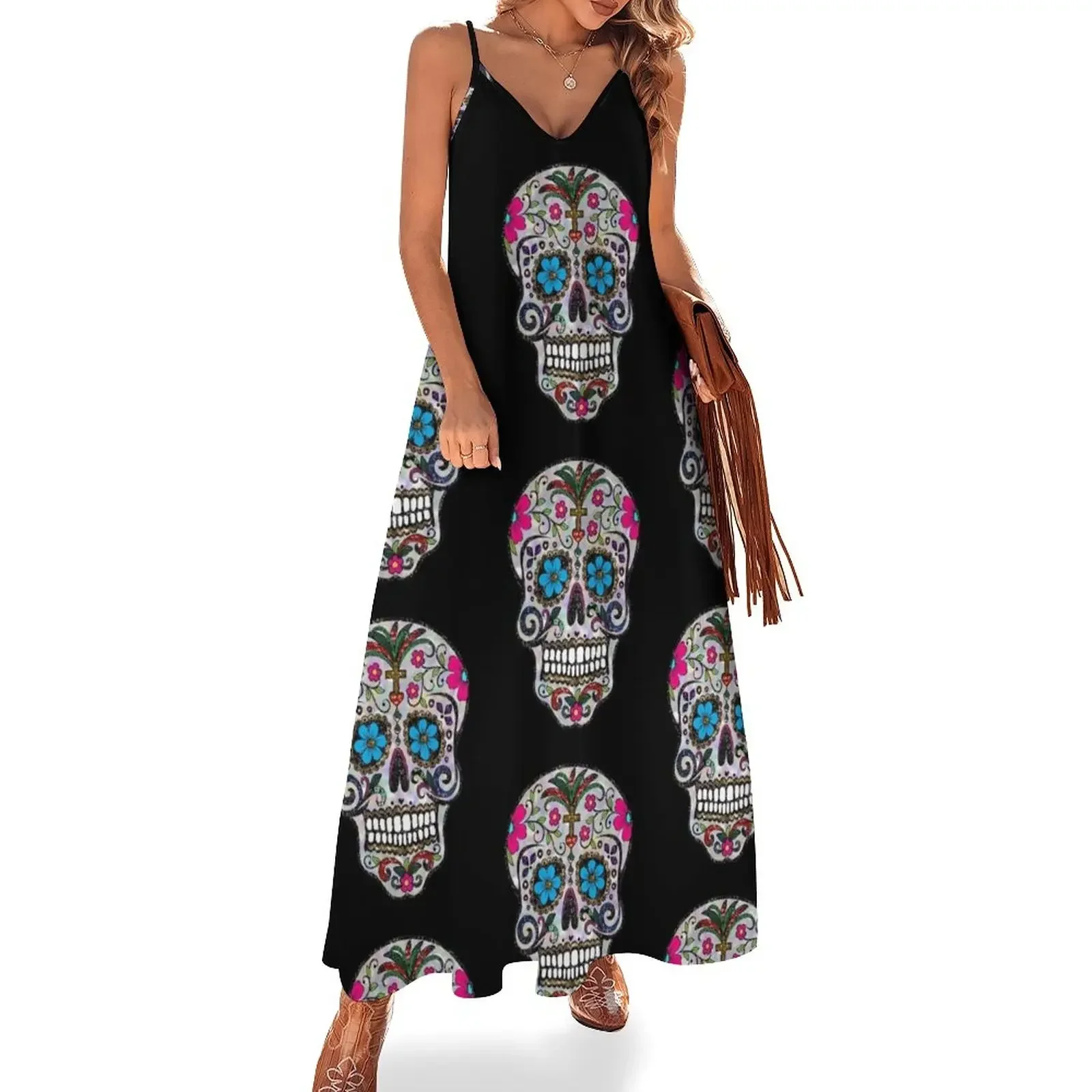 

sequin print Sugar Skulls Sleeveless Dress Evening dresses women long dresses Dress