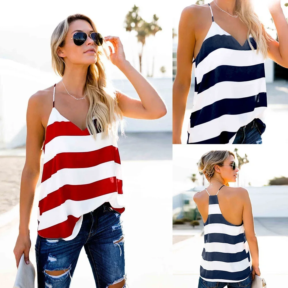 S-XXL Women's Basic Stripe Camisole Adjustable Spaghetti Strap Tank Top Ladies Sleeveless Shirt V Neck Tank Tops