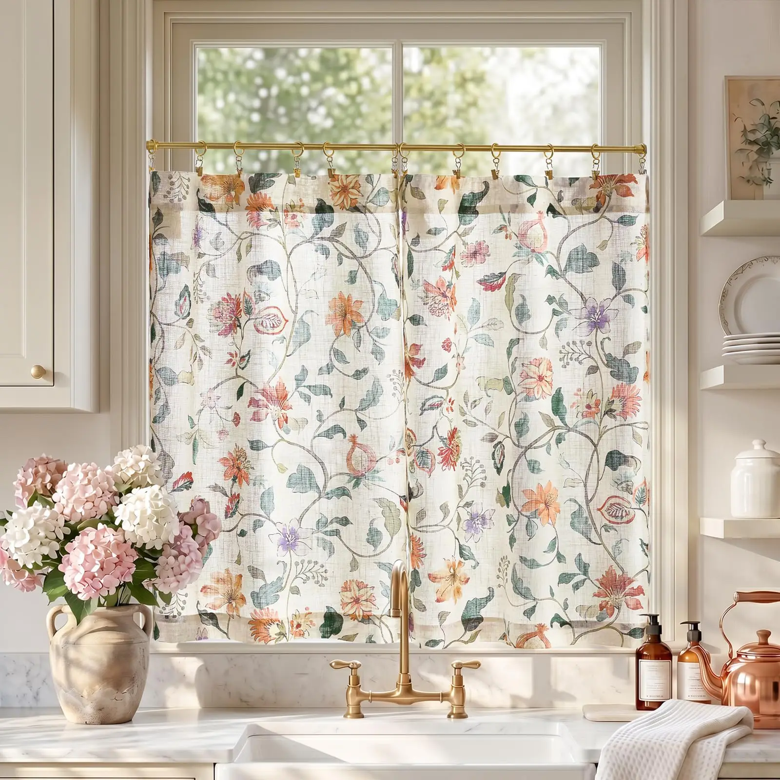 2 Pcs Floral Linen Kitchen Tier Curtains Beige Rod Pocket Light Filtering Cafe Half Window Drapes Over Sink Window Treatment