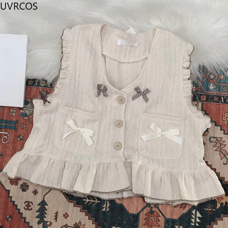 Spring Kawaii Lolita Ruffle Knitted Sweater Vest Women Japanese Cute Bow Sweaters Cardigan Coat Autumn Korean Fashion Waistcoats