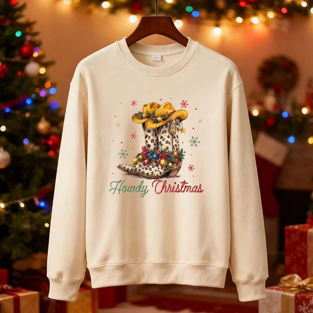 크리스마스 스웨트셔츠 컨트리 펀 크리스마스 스웨터 웨스턴 카우보이 부츠 후디 메리 크리스마스 여성용 홀리데이 후디