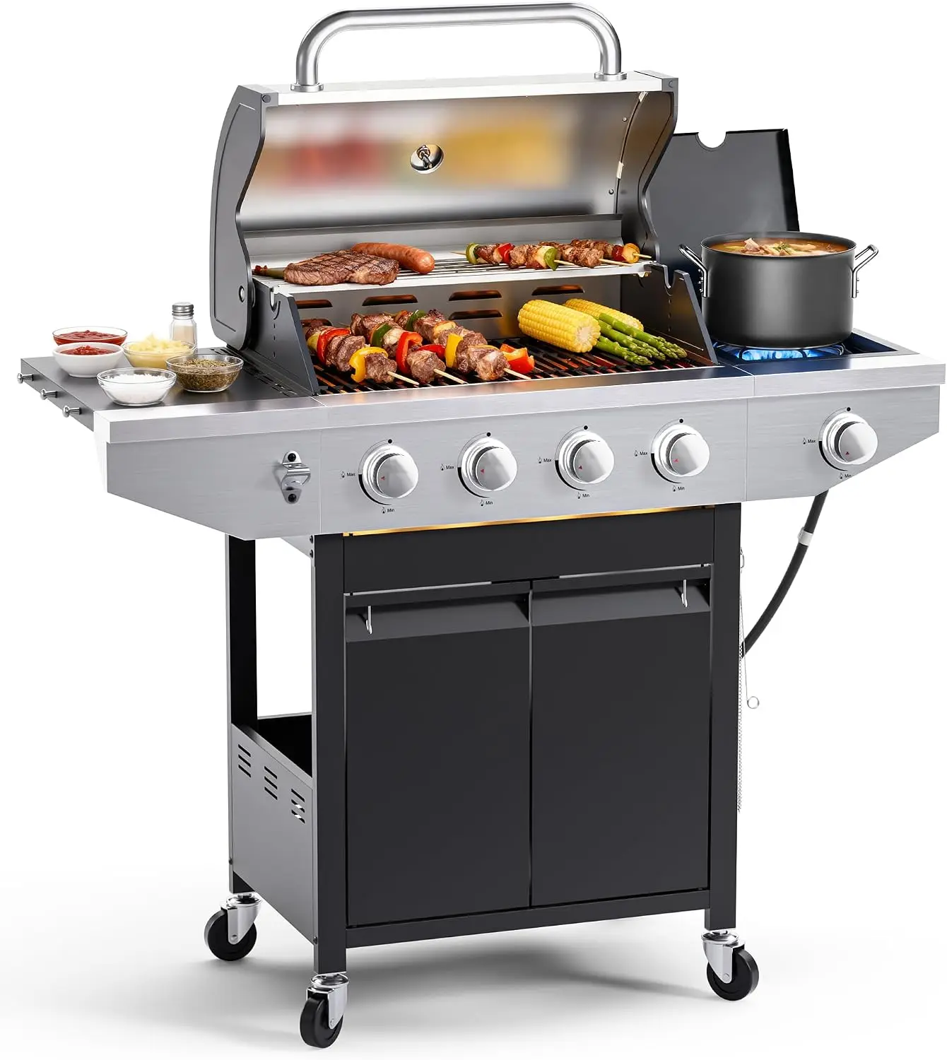 4-Burner Propane Gas BBQ Grill with Side Burner, 46,500 BTU Output Stainless Steel Barbecue Grill with Enameled Cast Iron Grates