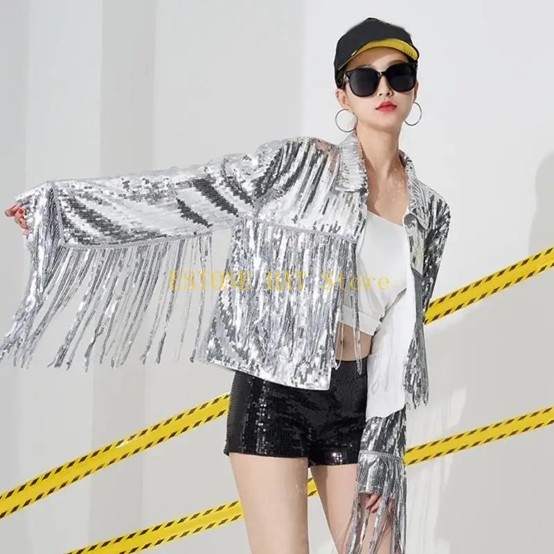 49MF Błyszczące, cekinowe frędzle z długim rękawem i krótkimi kurtkami dla kobiet Brokatowy płaszcz kowbojski