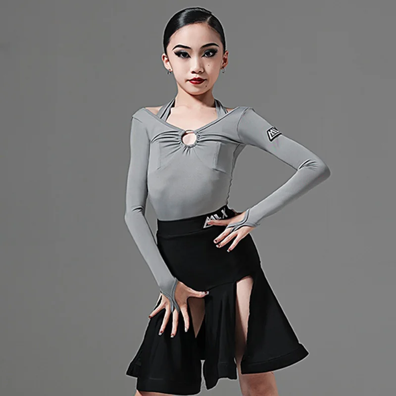 

Latin Dance Costume Competition Wear Grey Long Sleeve Black Irregular Skirt Rumba Dance Clothing Practice Dancing Clothes AMY63