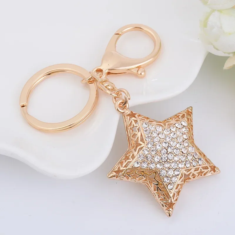 Three-dimensional Hollow Rhinestone Pentagram Keychain Women Key Chain Metal Bag Pendant Accessory Car Handbag Key Holder Gift