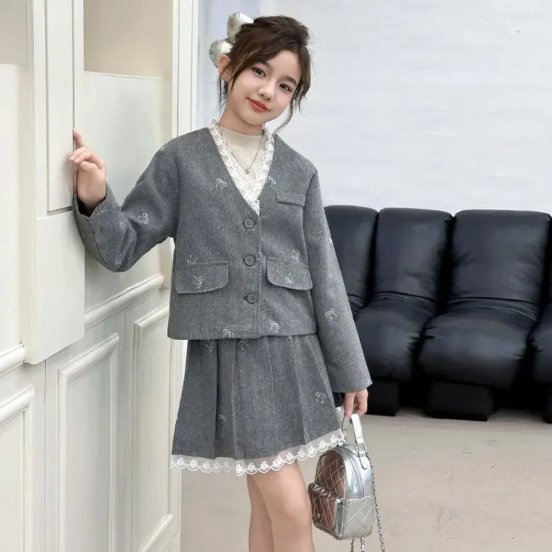 Teen Girls Long Sleeve Outfits Spring Autumn Children Clothing Set Lace Patchwork Blazer + Pleated Skirt 2pcs Kids Clothes Suits