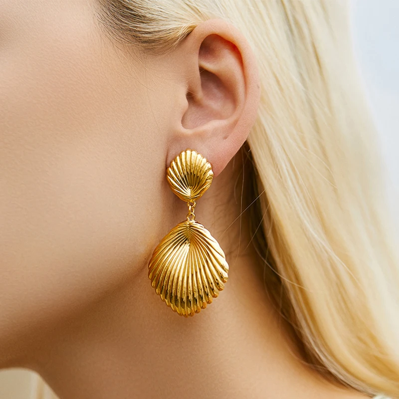 PRISCA | Sea Shell Earrings for Women. Stainless Steel.Luxury Geometric Waterproof Metal Jewelry. 18K Gold.Beach Vacation. Gifts