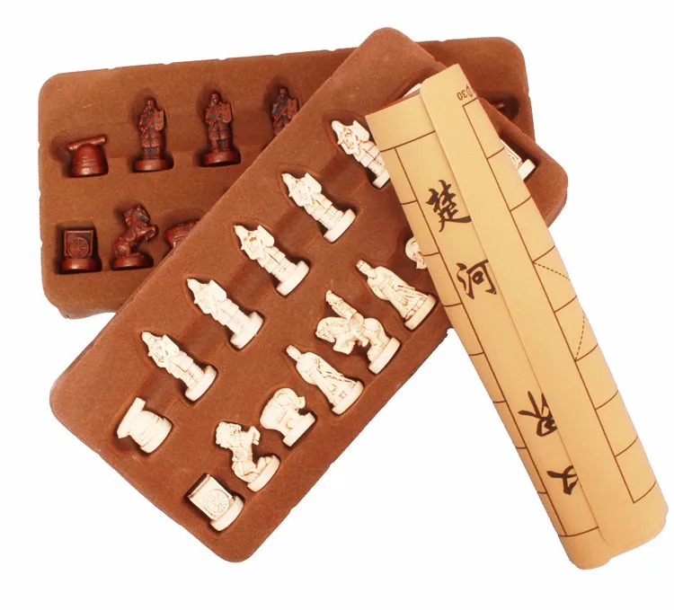 Chess retro three-dimensional PU leather chessboard resin Terra Cotta Warriors figure chessmen