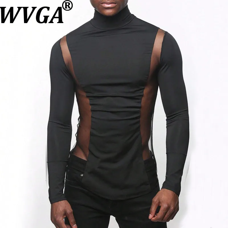 

WVGA весна осень новая мужская уличная водолазка винтажная сетчатая модная футболка с длинным рукавом нишевые шикарные повседневные топы Ins W12698