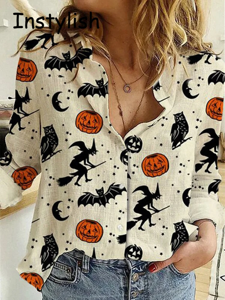 

Women Elegant Christmas Printing Loose Shirt Casual Long Sleeve Button Lapel Blouse Elegant Oversized Tops Y2K Vintage Tunics