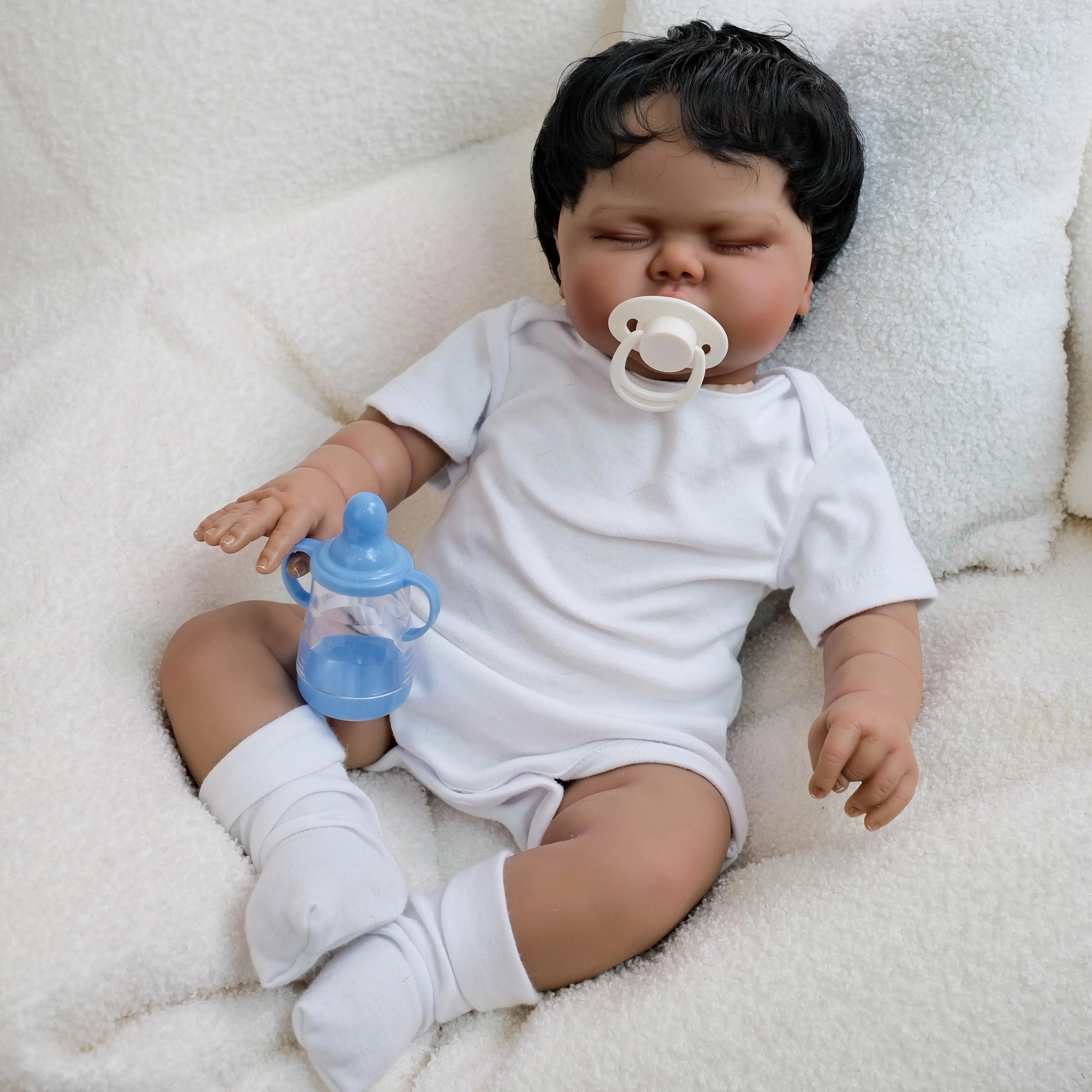48CM Pickle Dark Skin Soft Cotton Body Lifelike Reborn Sleeping Baby Doll Multiple Layers Painting Hand Rooted Hair