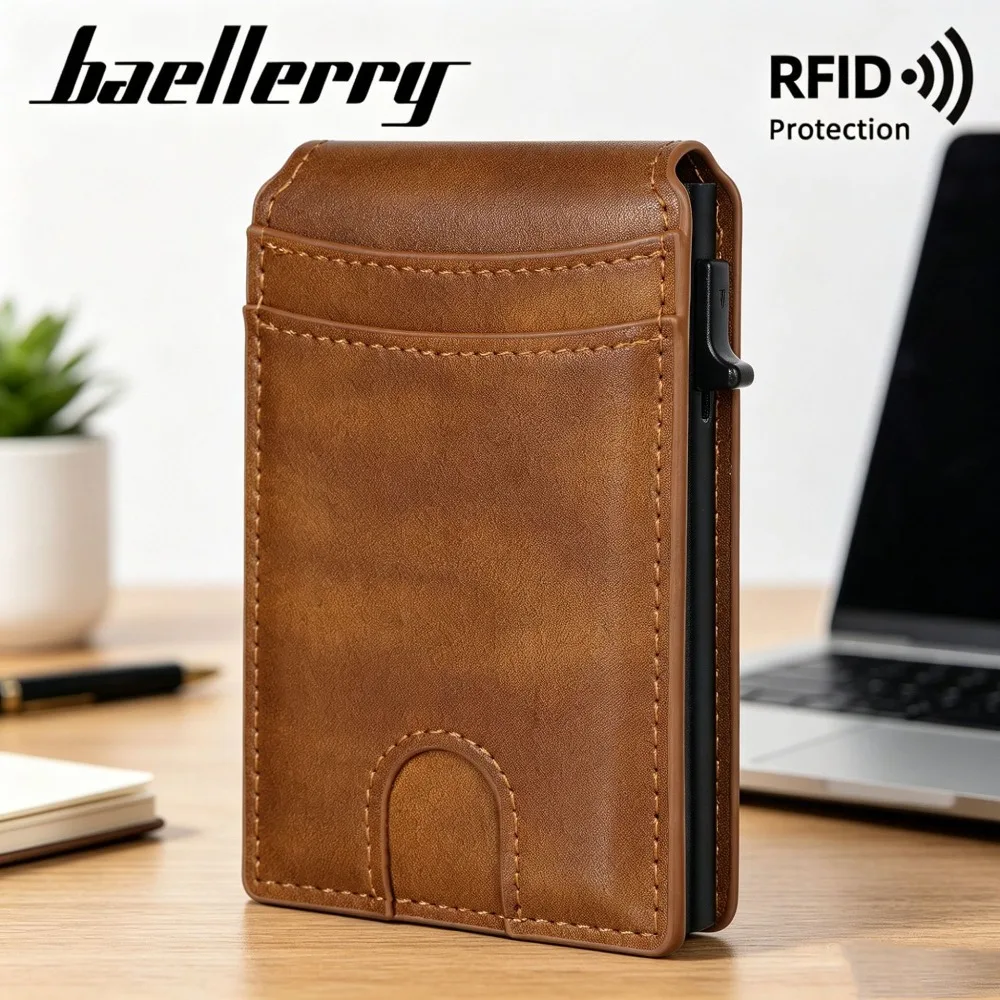 Baellerry Men's PU Leather RFID Anti-Theft Card Holder Automatic Ejector Metal Business Wallet Male Leather Card Purse