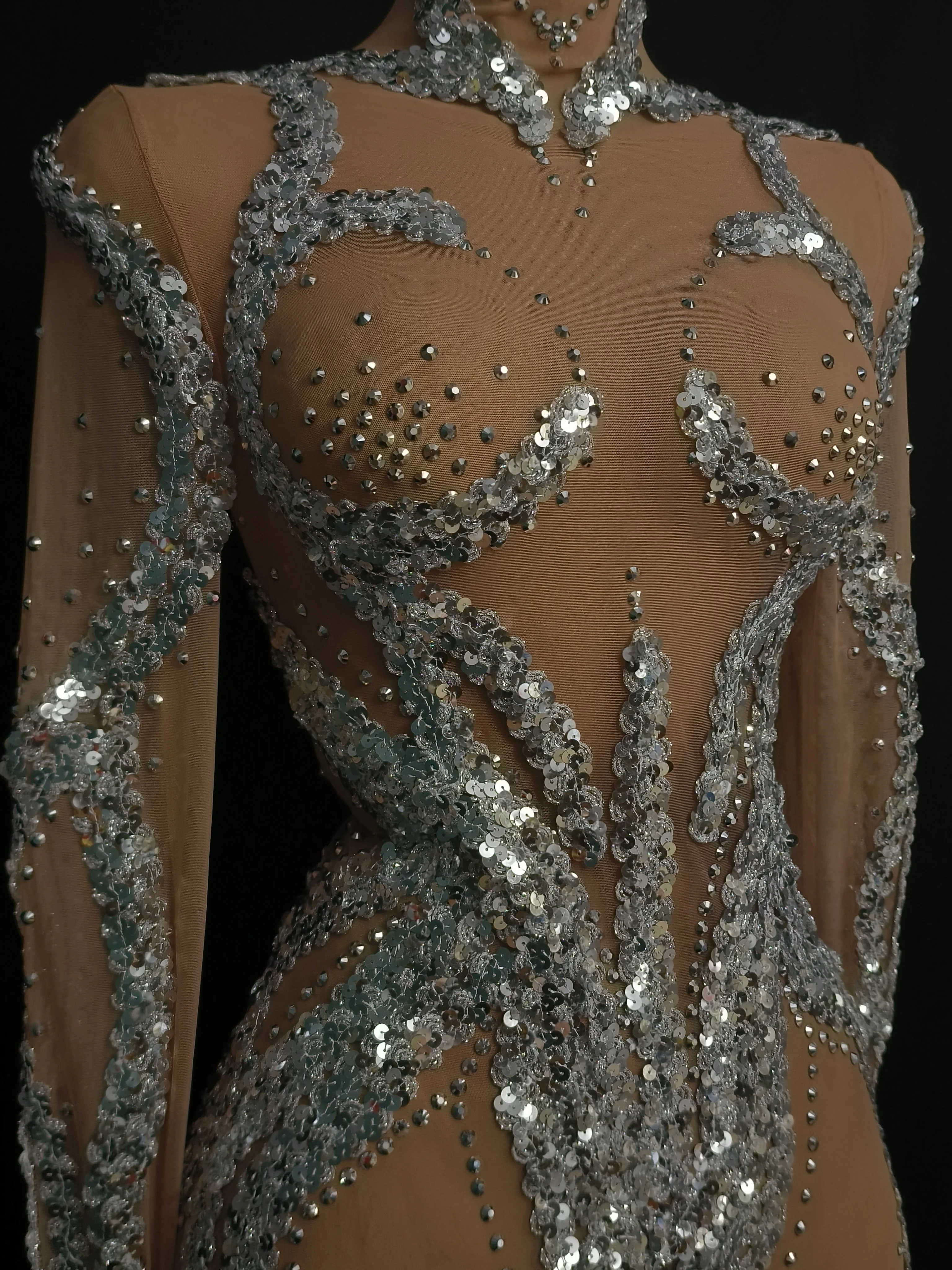 Vrouwen Sparkly Steentjes Pailletten Transparante Bodycon Mini Jurk Lange Mouw Coltrui Nachtbar Club Prestaties Kostuums