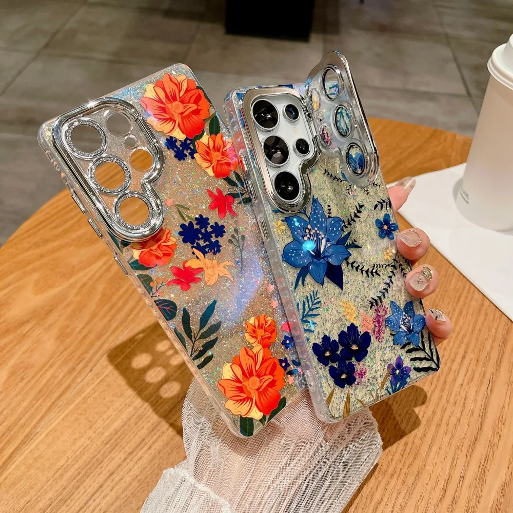 Glitter Flower For Samsung Galaxy S26 Ultra S25 Plus Phone Case Lens Holder Protective PC Hard Shell Shockproof Back Cover