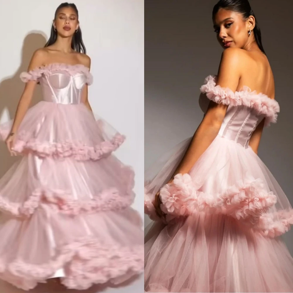 

Customized Tulle Tiered Pleat Gown Off-the-shoulder Bespoke Occasion Long es Dresses