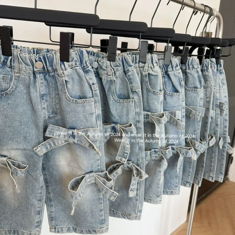 

Korea Style Kids Jeans Cute Three-dimensional Bow Casual Loose Straight Barrel Blue Jeans Denim Pants