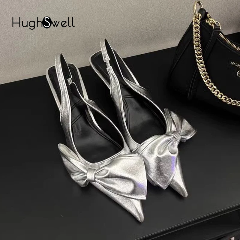 Elegant Silver Side Bowknot Slingback Sandals Woman Chic Point Toe Kitten Heel Stiletto Pumps Ladies Eveing Party Dress Shoes