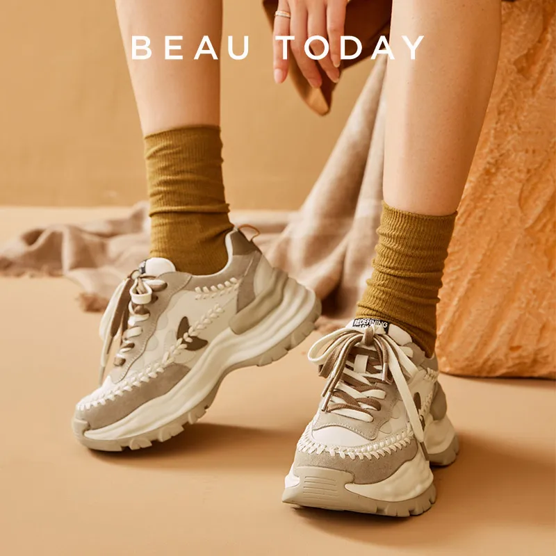 BeauToday Suede Leather Sneakers Women Lace-Up Woven Round Toe Mixed Color Trendy Thick Sole Ladies Chunky Shoes Handmade 29451