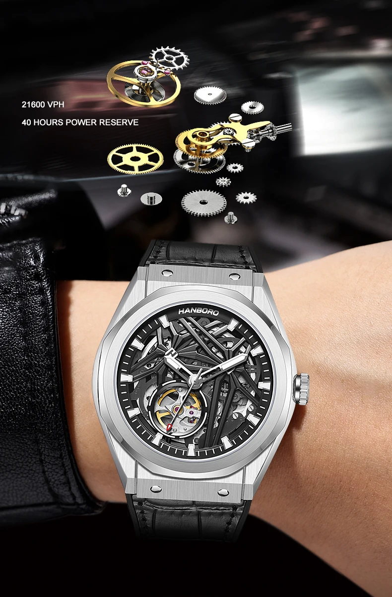 HANBORO ผู้ชายนาฬิกาอัตโนมัติ 42 มม.นาฬิกาข้อมือ 5Bar Luminous Hollow Out Dial Miyota 82S0