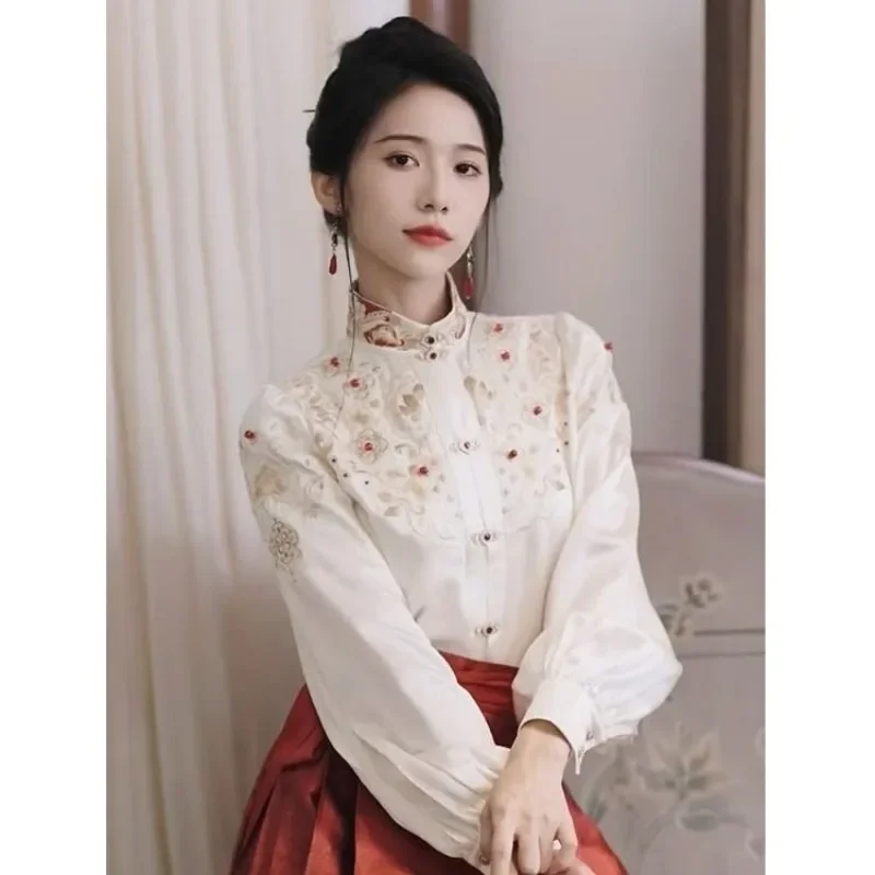 Oversized Chinese Hanfu Shirt and Horse Face Skirt Set Women\'s Clothing Plus Size High End Shirt Red Gold Horse Face Skirt Set