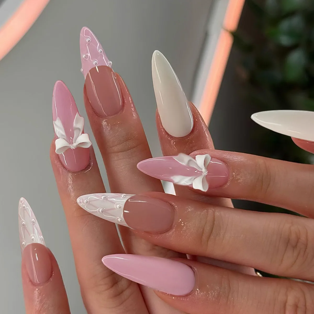 

24Pcs Press on Nails Strawberry Milk Cap French Pink Pearl Bow Full Coverage Nail for Women&Girl Removable Wearable False Nail