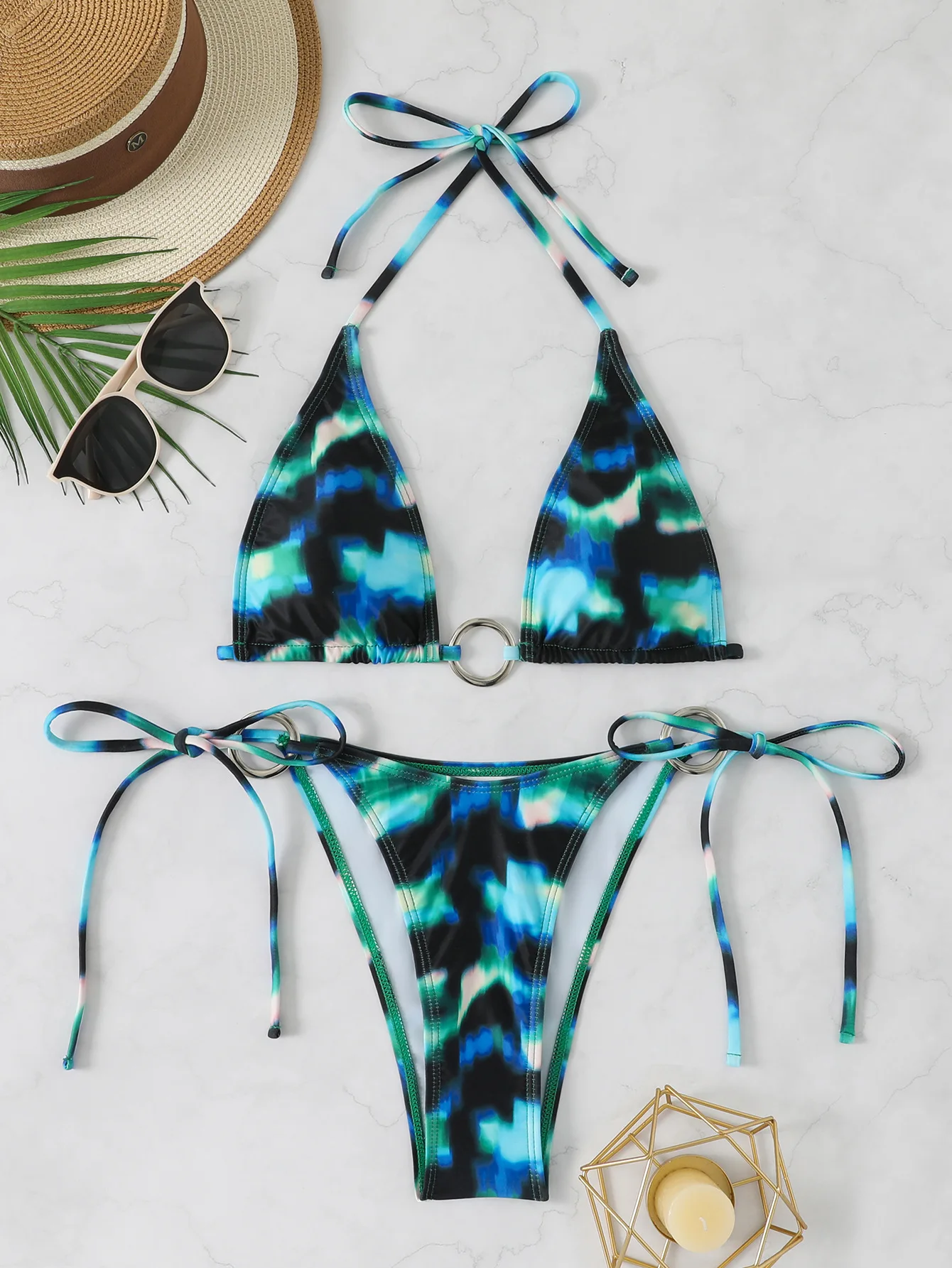 sexy tie dye print ring bikinis sets two pieces halter back tie swimsuits bathing suit swimwear beach outfits biquini tankini