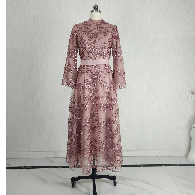 

Скромное вечернее платье с настоящими фотографиями по индивидуальному заказу, блестки, розовые бусины, халат с круглым вырезом, трапециевидной формы, чайной длины, женское вечернее платье