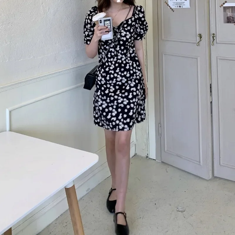 

Women Chiffon Mini Dresses Summer Fashion Flower Print Vestidos Boho Skinny Puffy Sleeve Casual Dress Bohemian Vestidos Платье
