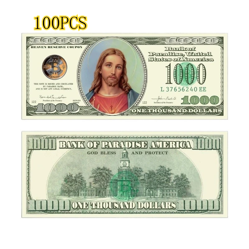 ​​DIY Paradise Bank Game Money​​ – 100 Dollar Jesus Design with Bitcoin Symbol, for Creative Play & Collection