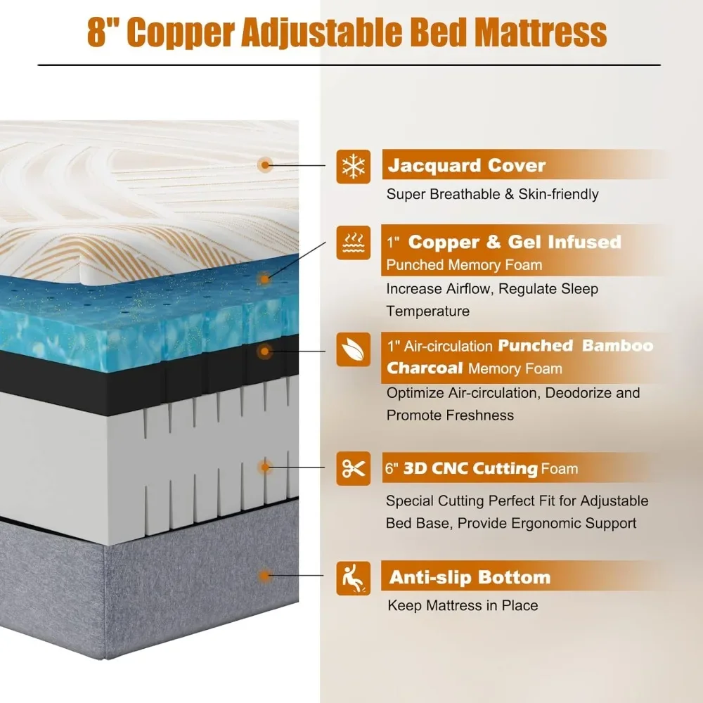 8 Inch Mattress Twin XL, Copper Infused Memory Foam Mattress w/Jacquard Cover & Bamboo Charcoal Memory Foam