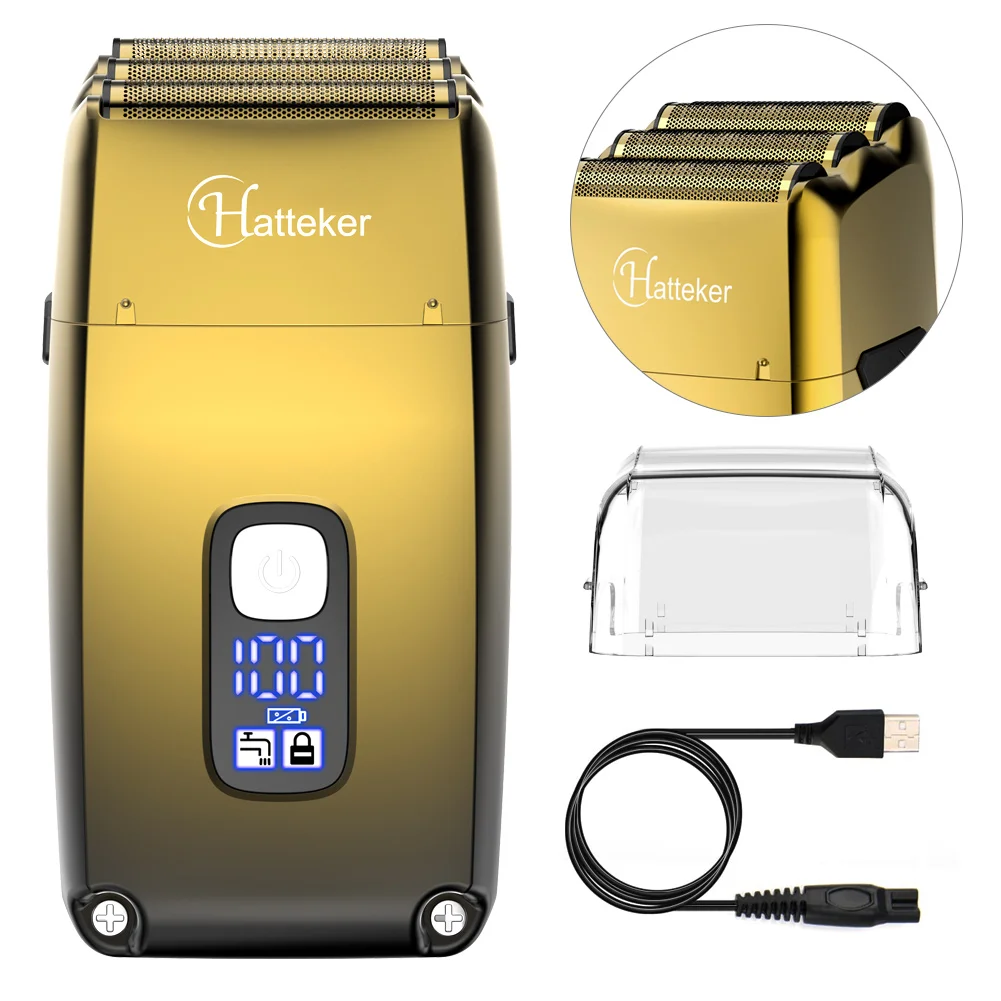 Hatteker folha cabeça barbeador lâminas triplas navalha elétrica para homens perto cabeça careca barbeiro trimmer à prova dwaterproof água molhado e seco sem fio