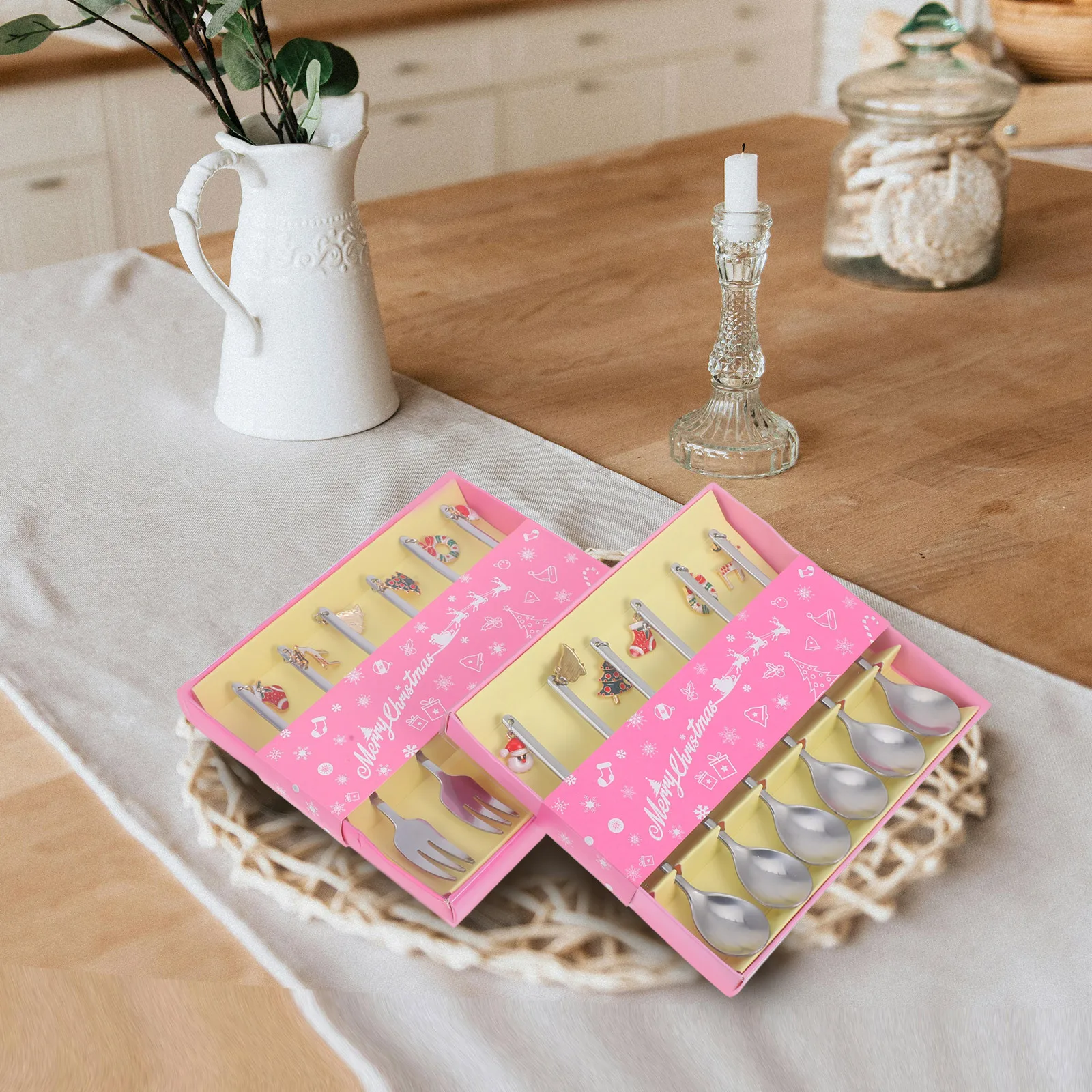 

12Pcs Christmas Stainless Steel Cutlery Set Coffee Dessert Long Handle Spoons Forks Beverage Stirring Teaspoons Party Tableware