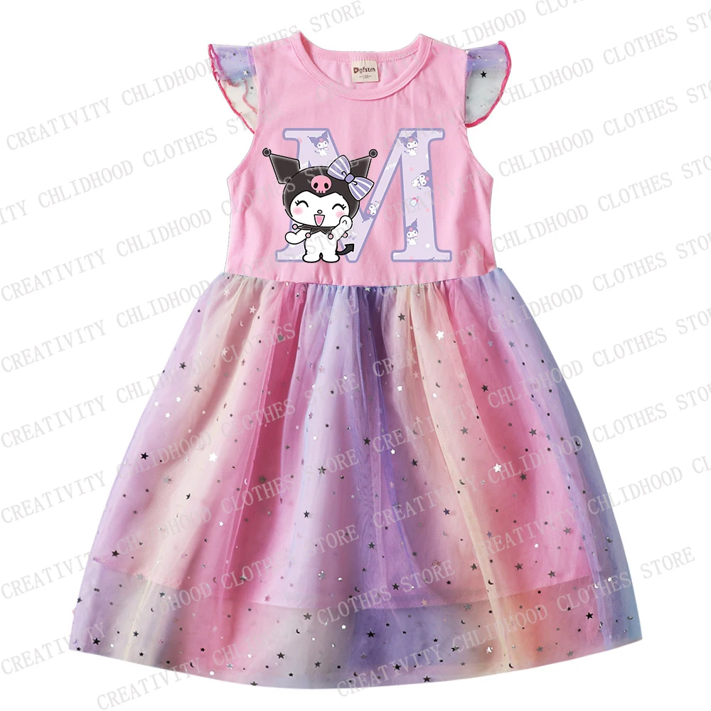 Neue Kuromis drucken Kinder Brief a b c d Kleider Mädchen Prinzessin Cartoons Mädchen Kleid Freizeit kleidung Gaze Kind Baby Mode Geschenke