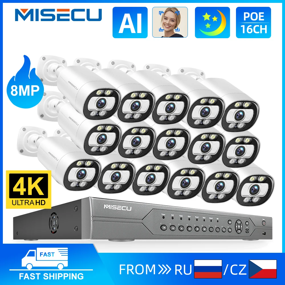 MISECU 8MP Security Camera System 4K POE NVR Outdoor Video Surveillance Kit Color Night Face Detection Home IP CCTV Camera Set