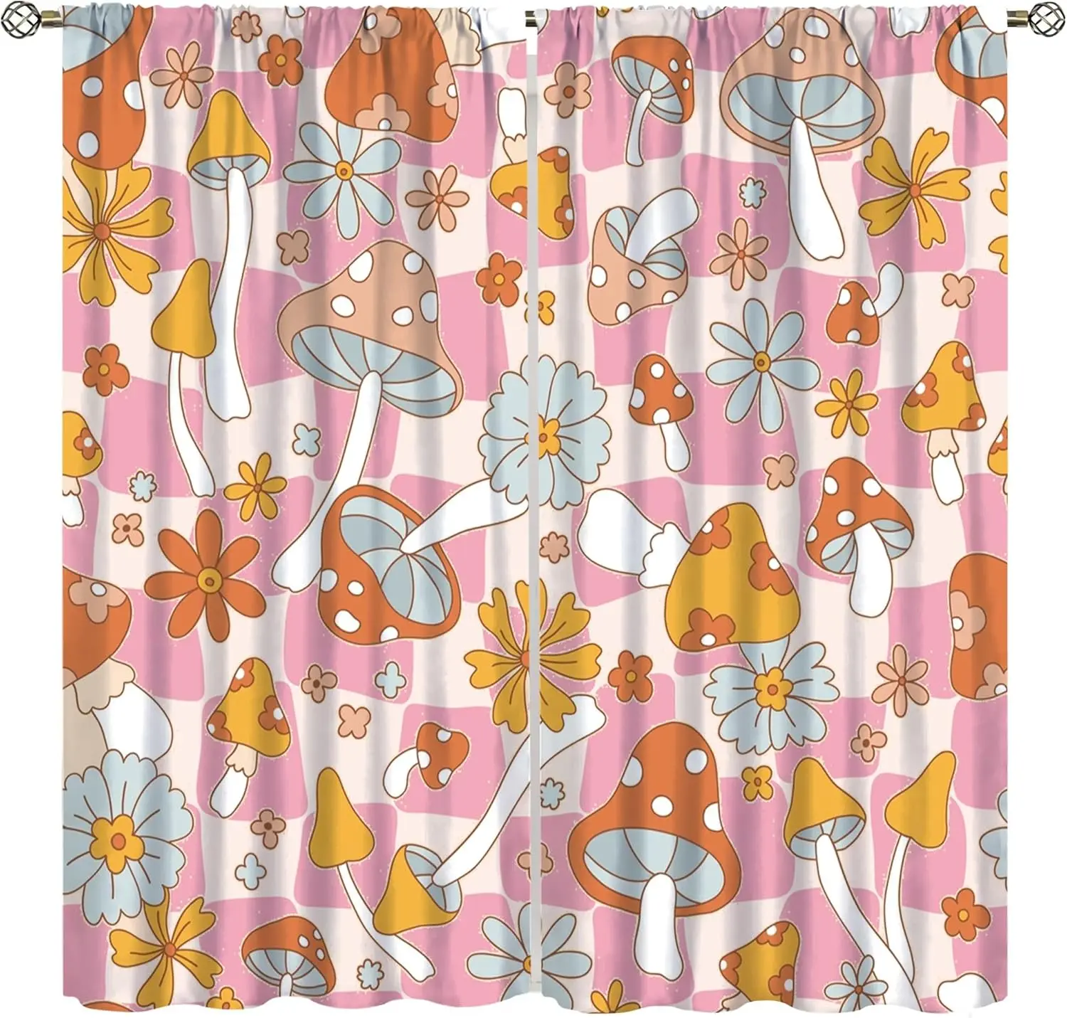 Retro Cute Mushroom Curtain Pink Grid Background Colorful Daisy Cartoon Pattern Light Blocking Drape For Villa Dorm Resort